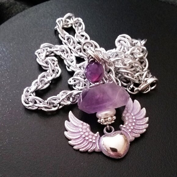 Winged Heart Amethyst Necklace ~ Hand Painted, One-of-a-Kind, Spiritual Gift - Picture 1 of 16